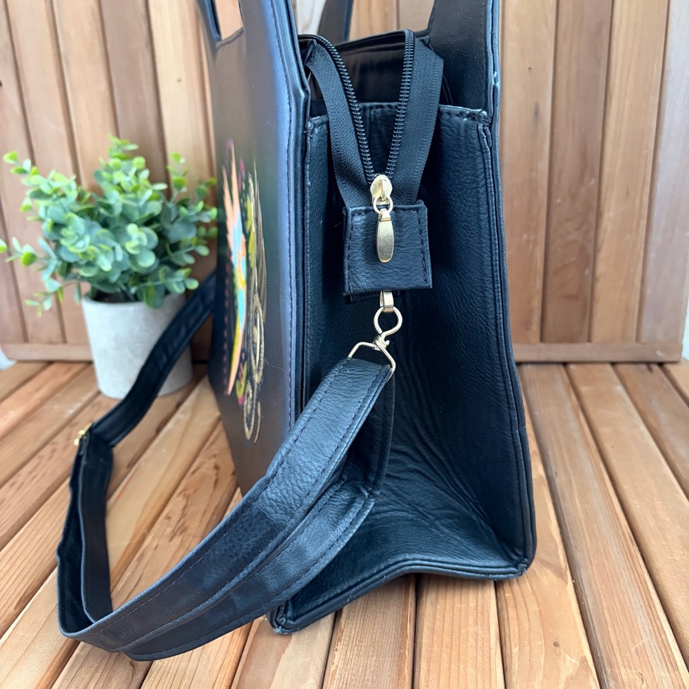 Hand painted Black Leather Hummingbird Music Tote Wood Handles Artisan Crossbody - Picture 8 of 12
